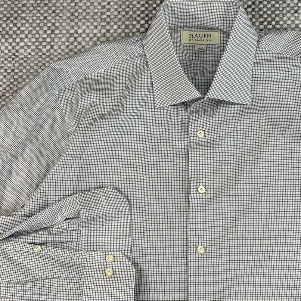 Hagen Carmel CA Dress Shirt Mens 17 34/35 Blue Brown Micro Check Cotton Button
